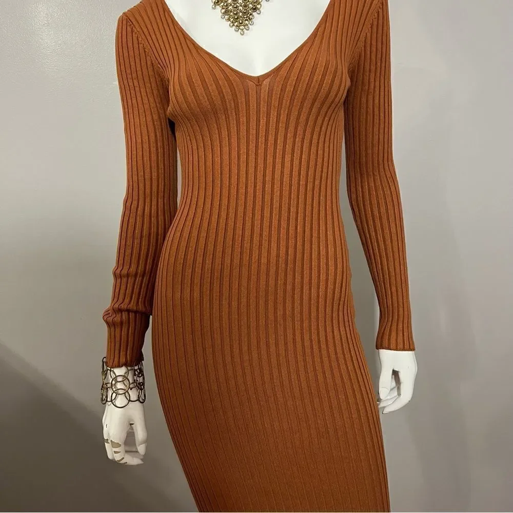 Hera Collection Off The Shoulder Ribbed Rust Midi Bodycon Dress - M - Picture 6 of 12